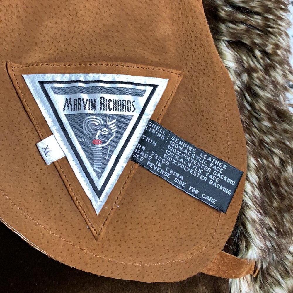 Marvin Richards Vintage Brown Leather Lined Fur Trim Long Coat XL - Picture 8 of 13